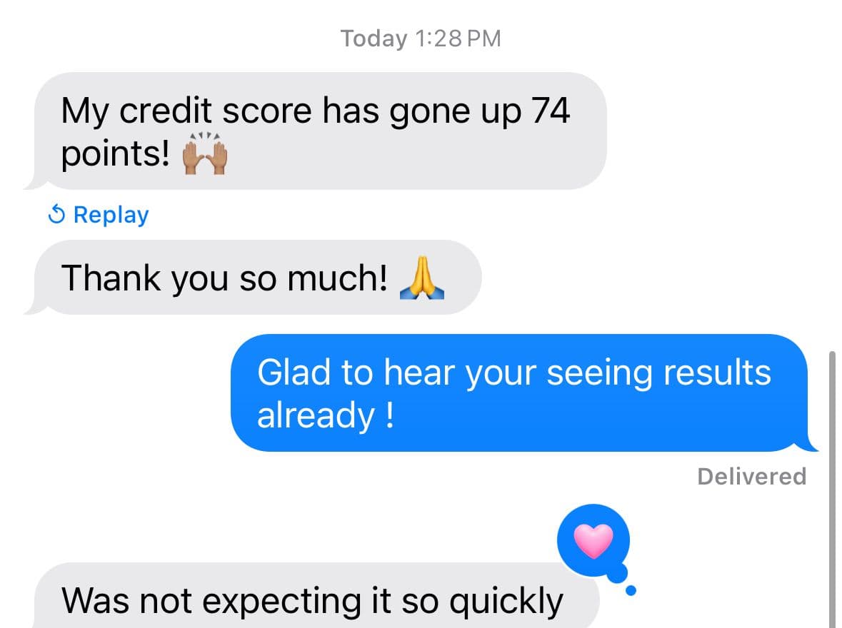 Client text message thanking Capova after their credit score increased.