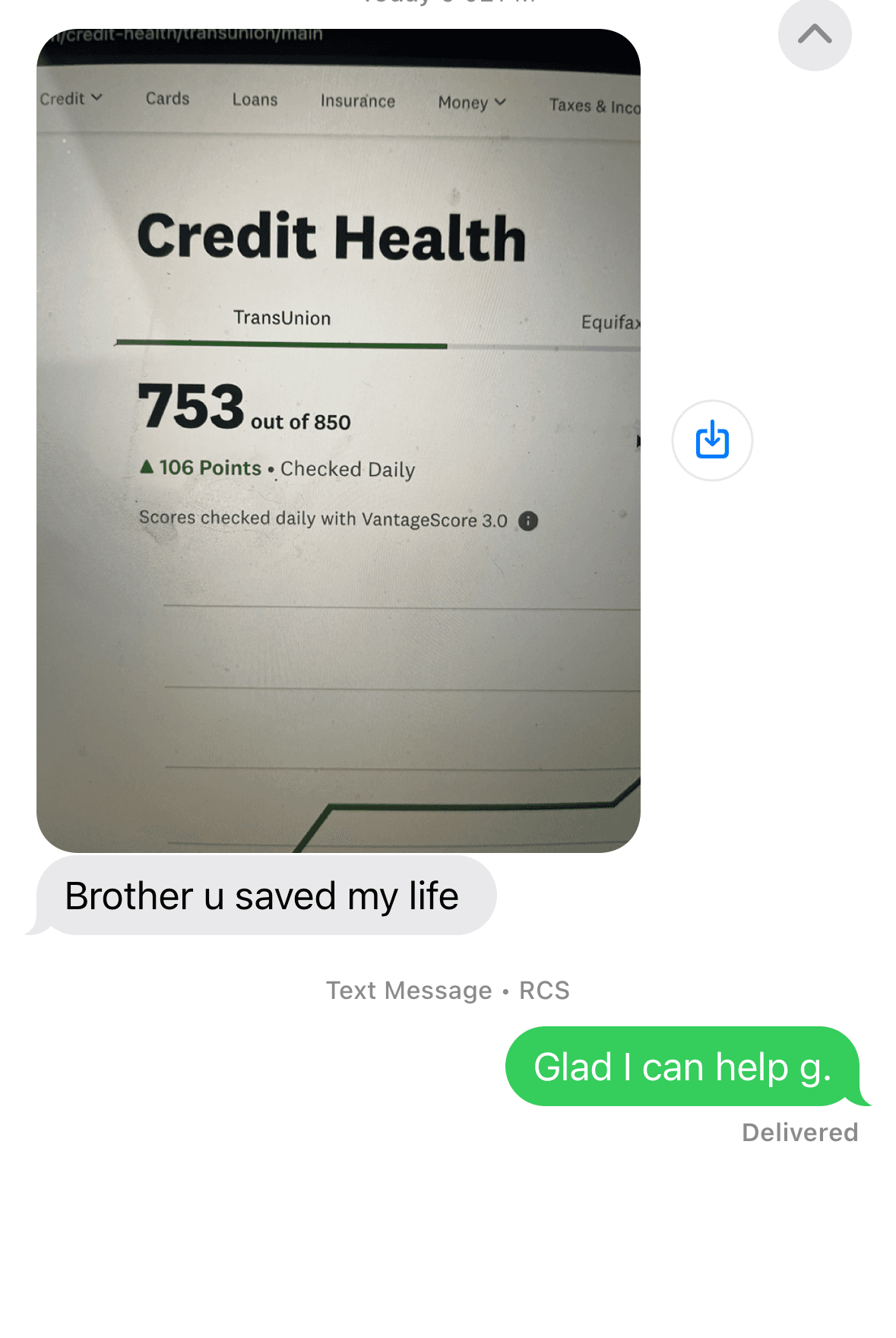 Client's TransUnion credit-health screenshot with a thank-you message to Capova.