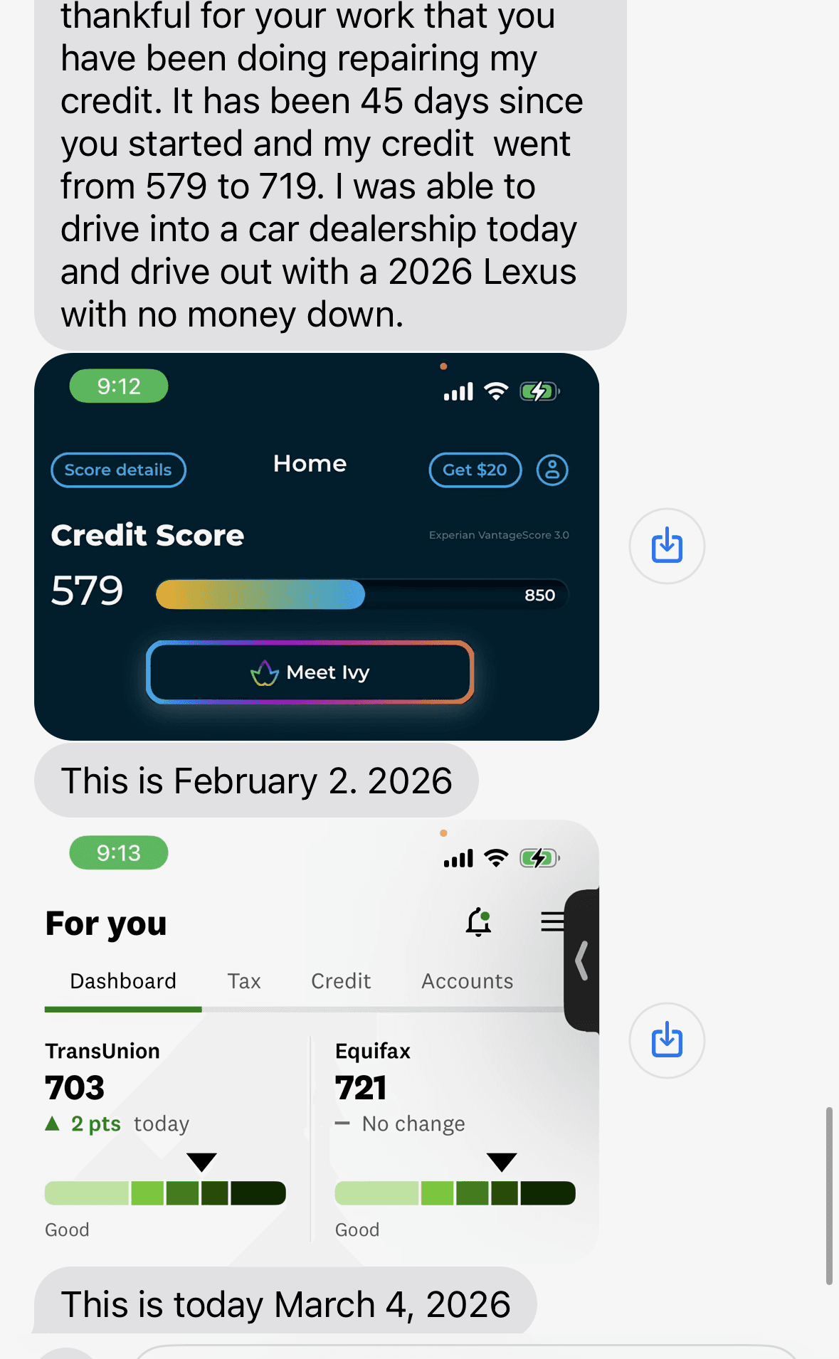Client message and credit-app screenshots showing score progress over several weeks.