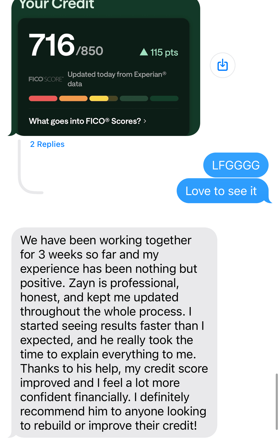 Client's credit-score screenshot and a message recommending Capova after three weeks.
