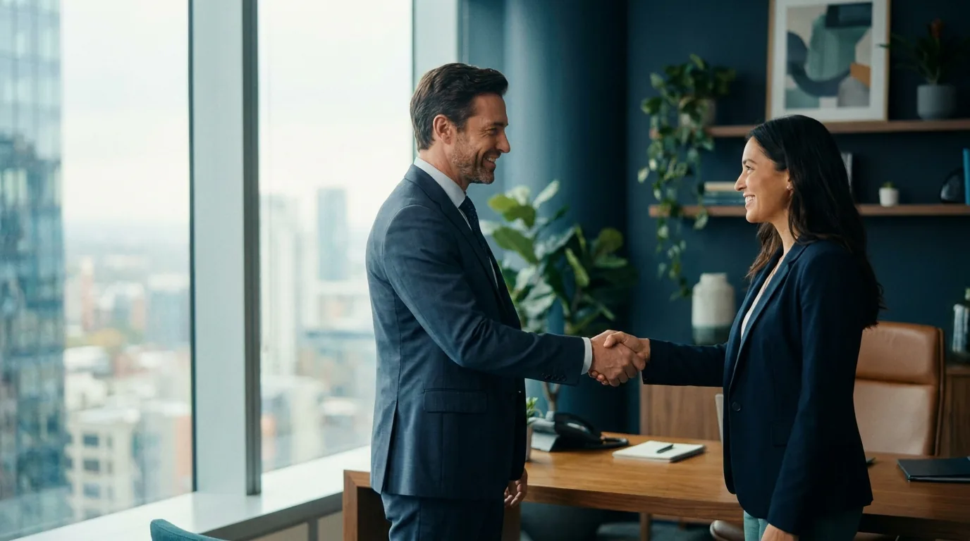 Two professionals shaking hands on a referral