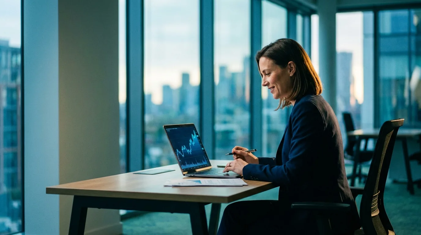 A client reviewing her credit progress on a laptop