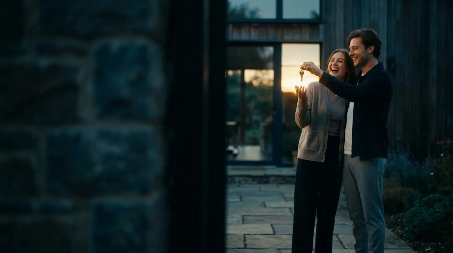 A couple receiving the keys to their new home at dusk